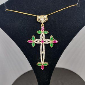 Sterling Silver Gold toned Cross with emerald and sapphire and CZ